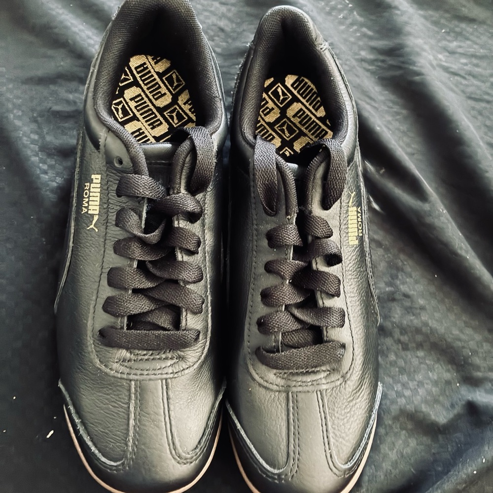 Puma Men's Black Leather Sneakers with Gold Logo